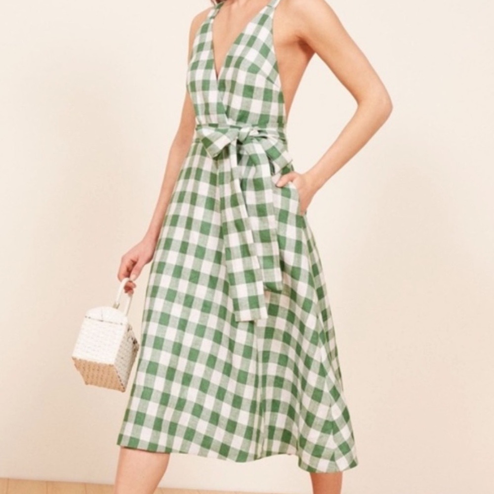 Reformation, Green and White Checkered Wrap Dress